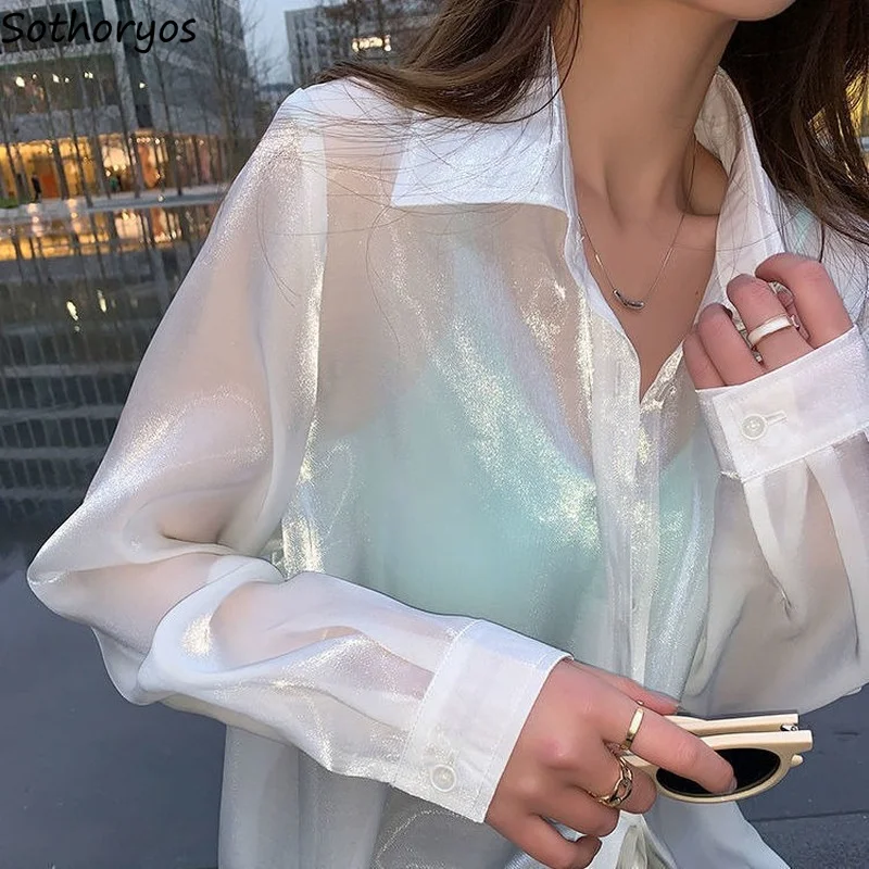 Sexy Long Sleeve Shirts Women Elegant Tender Solid Simple Loose Spring Summer Sun Protection Outerwear PopularTransparent Chic