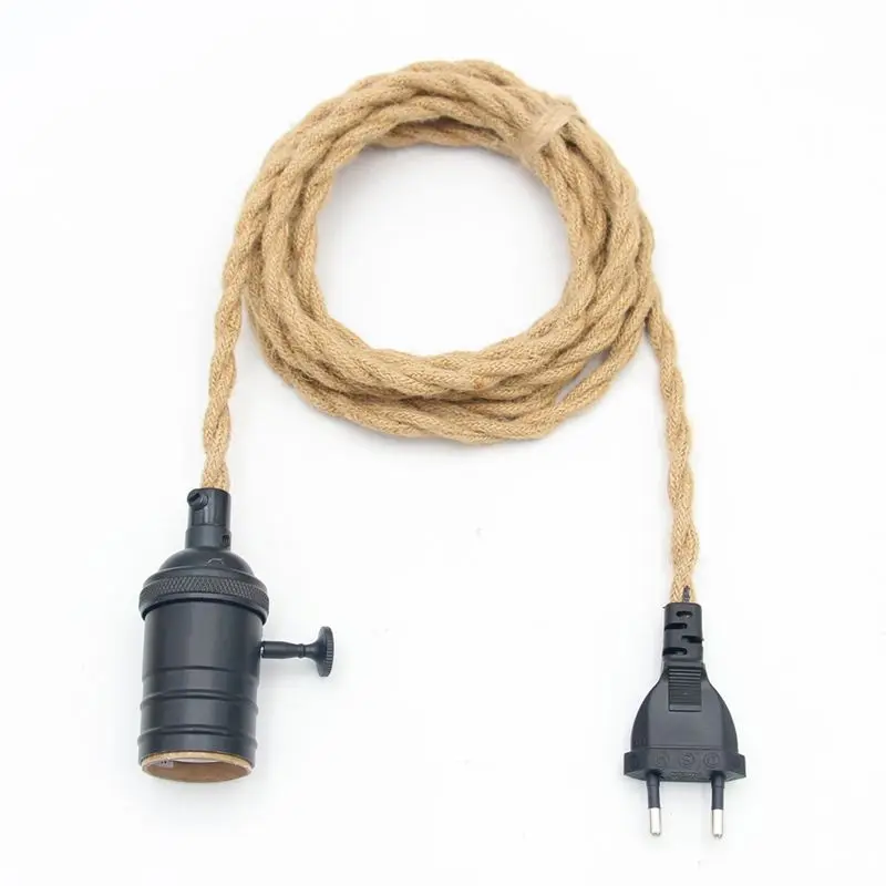 Imagem -04 - Cabos de Alimentação Cabo de Corda de Cânhamo Juta com Plug ue E26 E27 Parafuso da Lâmpada Suporte da Lâmpada para Luzes de Suspensão do Vintage 2m 3m ac