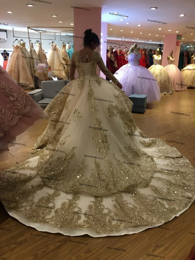 Luxury Gold Princess Wedding Dresses with Long Sleeve Full Lace Applique Cathedral Train Long Sleeve Lace-up Aso Ebi Bridal Gown