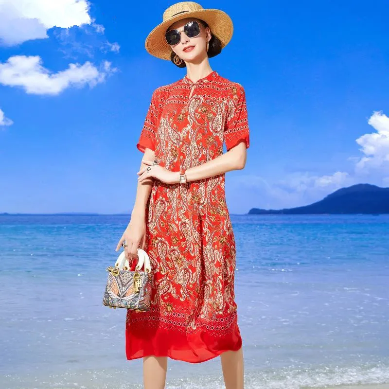 

Summer Spring Vintage 5XL Plus Size Dress Women Chinese Style Red Print Mulberry Silk Midi Dress Elegant Bodycon Party Vestidos