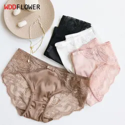 4 Pack Women Silk Briefs 100% Natural Silk Lining with Sexy Lace Middle Rise Panties Underwear Lingerie Silk Panties TU004