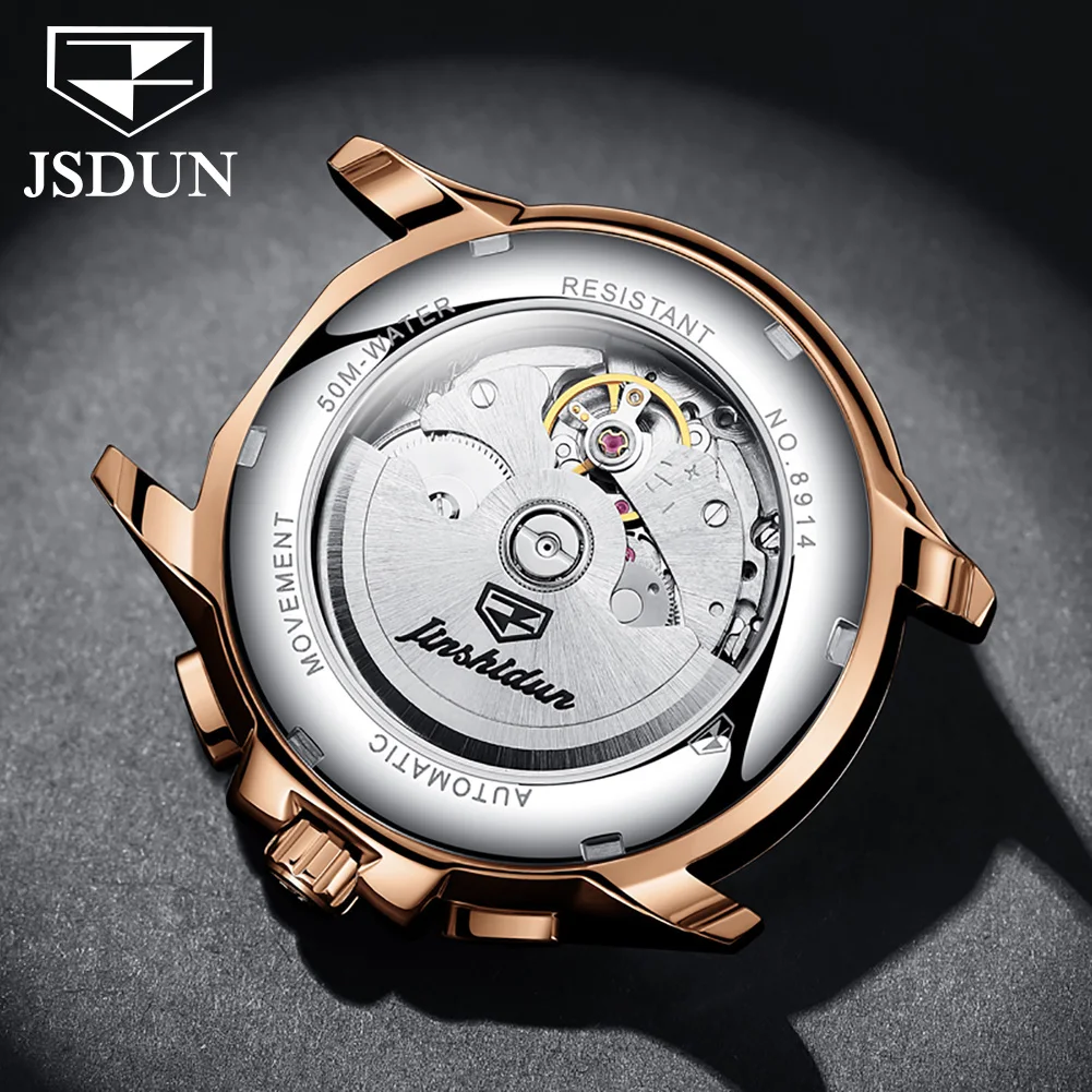 JSDUN 8914 Mechanical Watch Men Automatic Leather Watch 50 meters Waterproof Business Wristwatch dual calendar Butterfly buckle