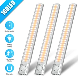 Luz usb com sensor de movimento, lâmpada led recarregável com 160 leds, decoração para quarto, luz de fundo para armários