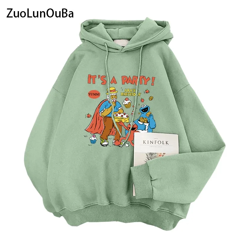 

ZuoLunOuBa Winter New Women Hoody Print Cake Party Cartoon Anime Casual Female Sweatshirt Plus Velvet Bean Green Pullover S-XL