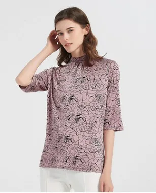 Large size half high collar women's T-shirt 2022 new style with medium sleeve T-shirt printed with mulberry silk