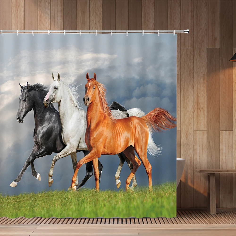 Running Horse Shower Curtains Animal Sky Meadow Natural Scenery Bathroom Hanging Curtain Set Waterproof Cloth Decor Bath Screen