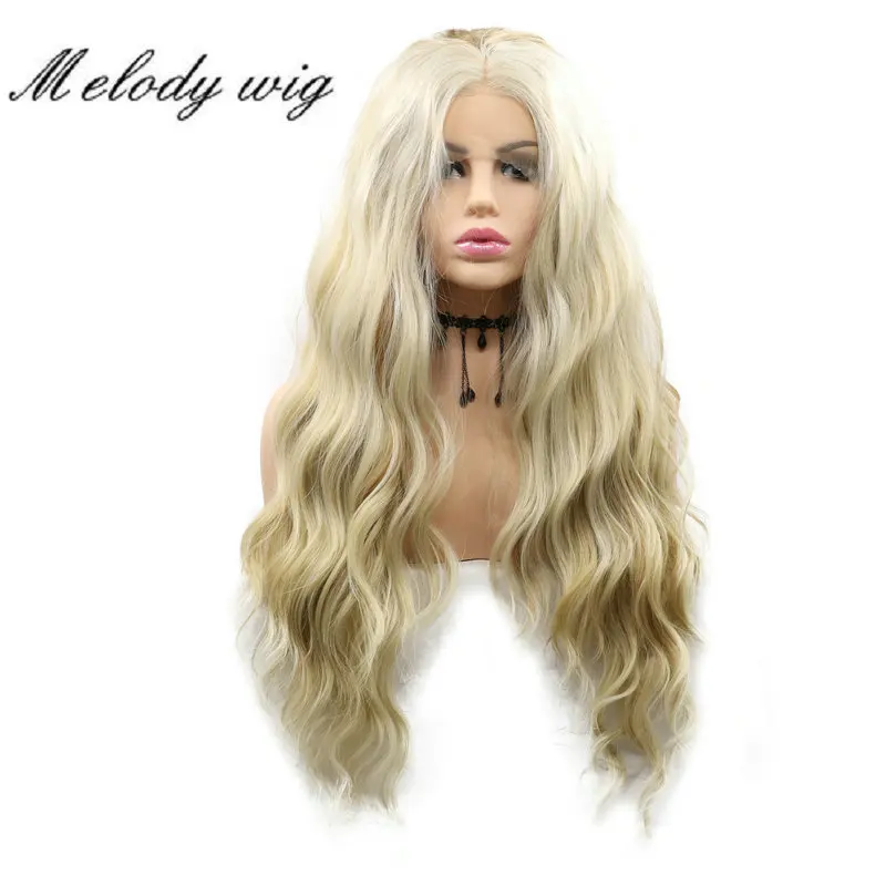 

Melody Synthetic Lace Front Wig Heat Resistant Blonde Gold Mixed Long Water Wave for Women Natural Looking Daily Wear Drag Queen