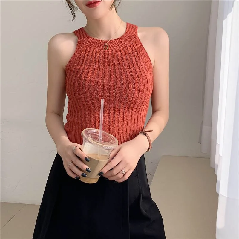 Pearl Diary Women Solid Tank Tops Summer Elegant Knitted Sleeveless Street Solid Crop Camisole Strapless Round Neck Tops