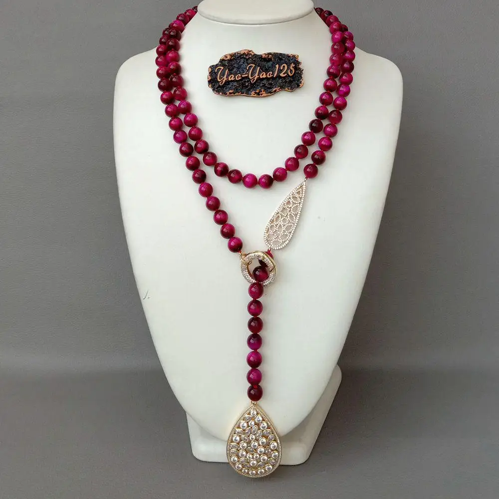 YYGEM 48'' 10mm Round Fuchsia Tiger Eyer cz pave connector sweater chain Long  Necklace gold color cz pave teardrop pendant