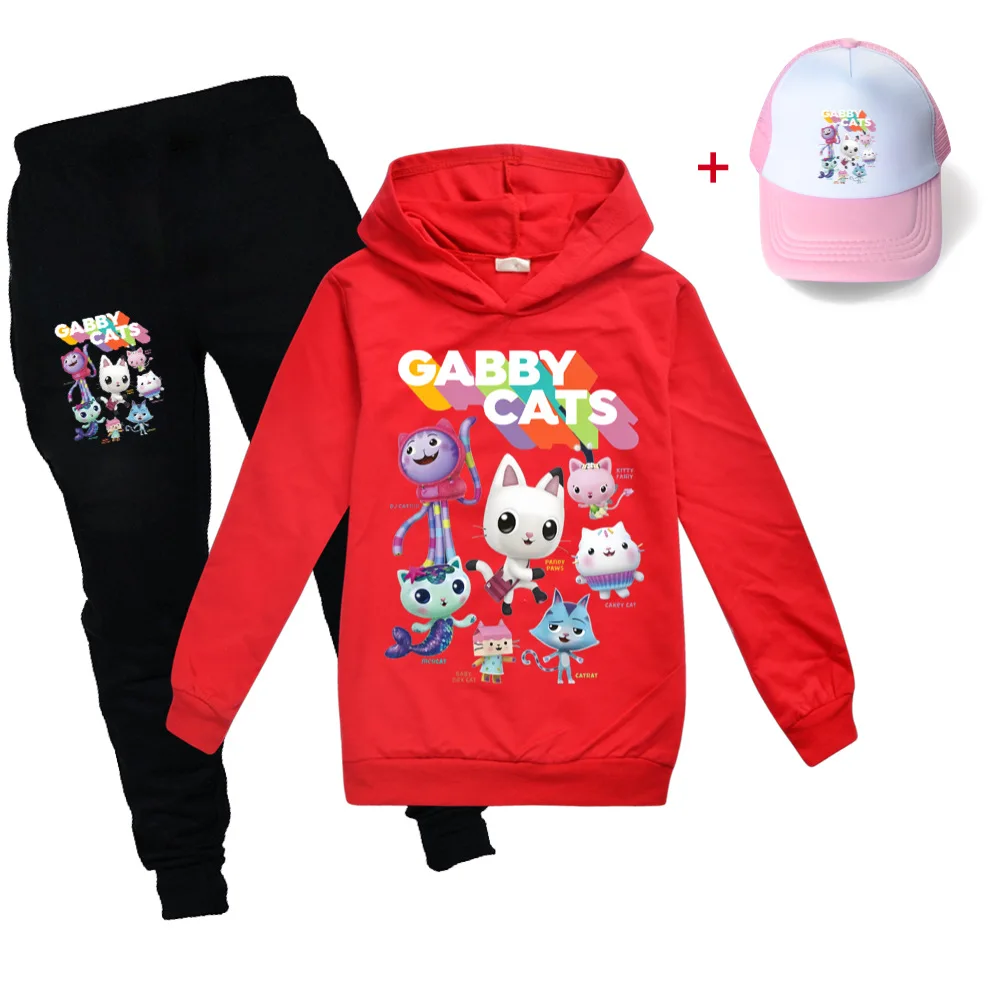 Gabby Cats Kids Clothes Girls Boys Long Sleeve Hoodie Tops Pants Cap Set Baby Children Sport Suits Cartoon Pullover Tracksuits