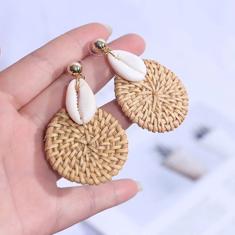 YAOLOGE Korean Style Fashion Handmade Natural Shell Rattan Drop Earrings For Women 2019 Boho Geometric Hanging Earring Party