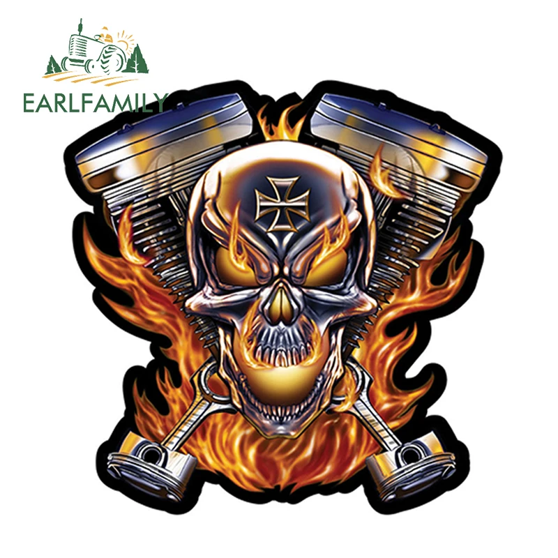 EARLFAMILY 12cm x 12cm Biker Skull Flames Engine Decal Window Car Laptop Toolbox Auto Motorcycle Decoration Car Sticker