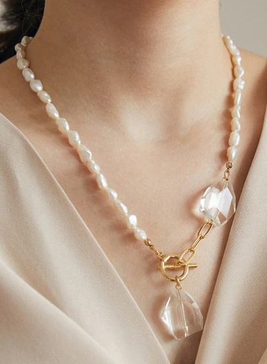 

HABITOO New Baroque Cultured Freshwater Pearl White Crystal Necklace Jewelry Chains Necklace for Woman жемчужное ожерелье