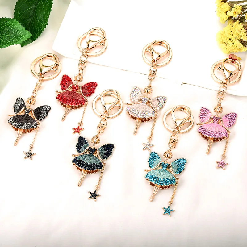 Fashion Little Angel Keychain Rhinestone Butterfly Fairy Keyring Trinket Women Bag Ornament Ballet Girl Car Pendant Jewelry