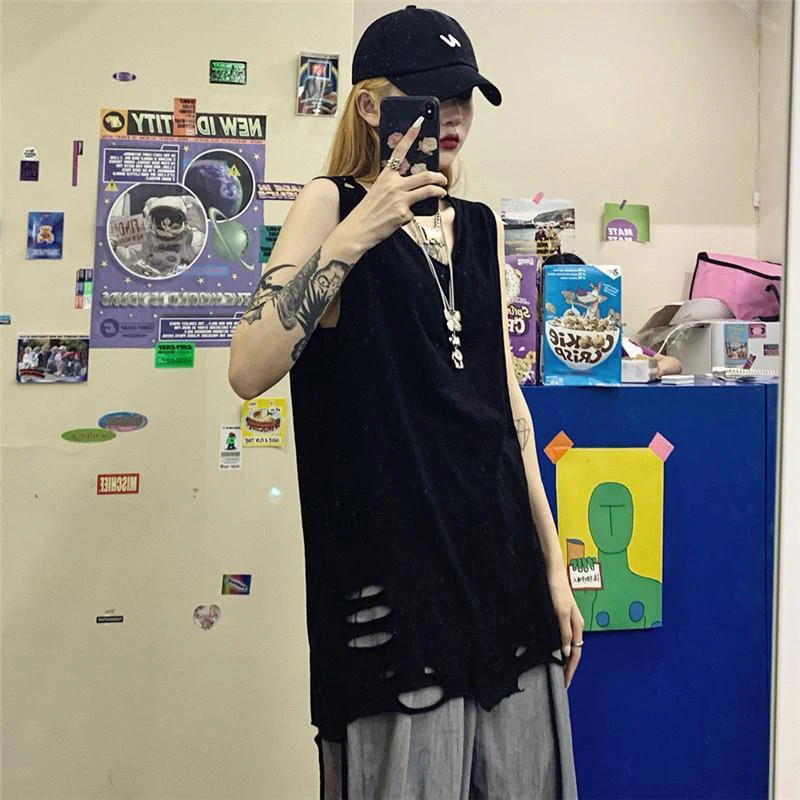 Moda poszarpane dziury kobiety kamizelka lato Harajuku Hip Hop baza żebrak T koszula główna ulica luźne ponadgabarytowych Tank Top czarny biały szary