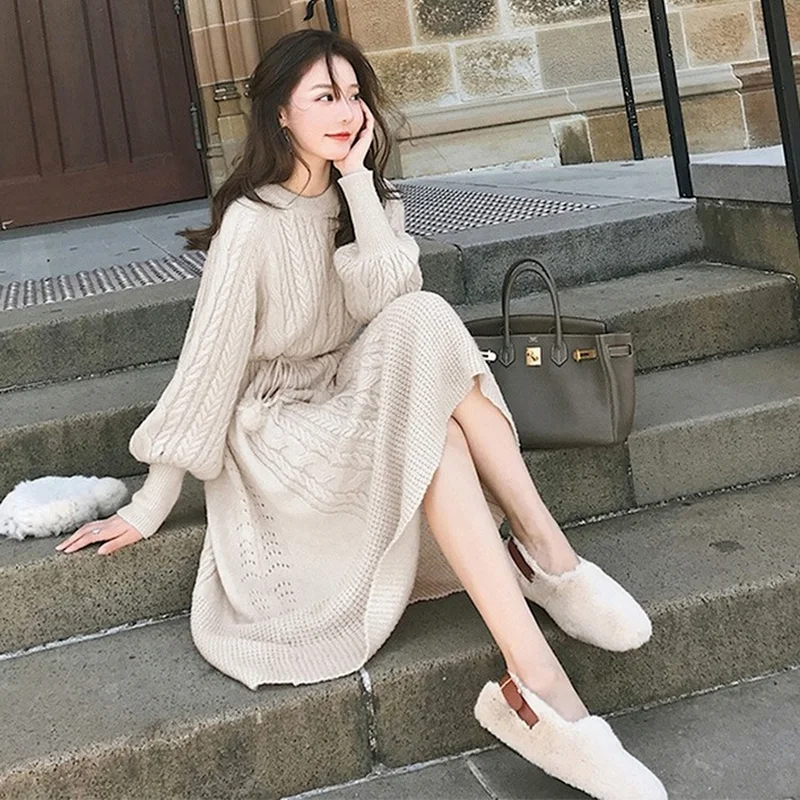 Sweater Ladies Dress Autumn And Winter Lantern Sleeve Long Section Waist Belt Long Sleeve Round Neck Solid Color Dress Women