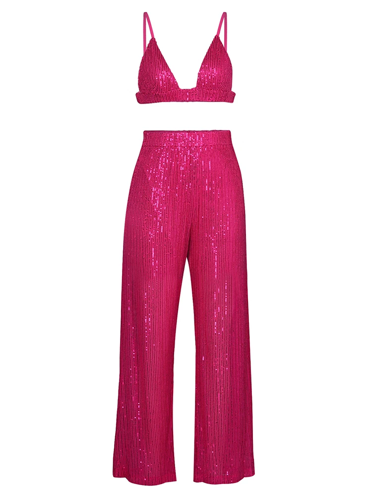 Hbenna Sparkly 3Pcs Set Frauen Party Outfits Für Frauen Sequin Top Bluse Hemd Und Hosen Anzug Weibliche Luxus Set zwei-stück Frauen