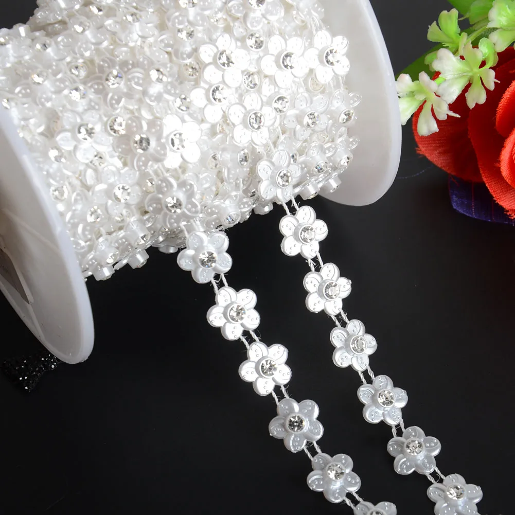 1Yards 12mm Width ABS Flatback Imitation Pearl with 4mm Rhinestone Flower Trim for Wedding Dress Costume Applique Jewelry Making