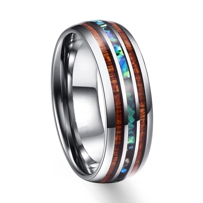 8mm New Fashion Couple Rings Tungsten Carbide Steel Wood Abalone Shell Ring For Men Jewelry Women Wedding Band