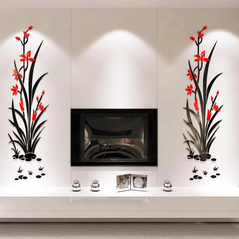 Black Red Flower Print Wall Sticker Acrylic Wallpaper Porch Living Room Decor DIY Wall Decals TV Background 3D Paster Pastoral