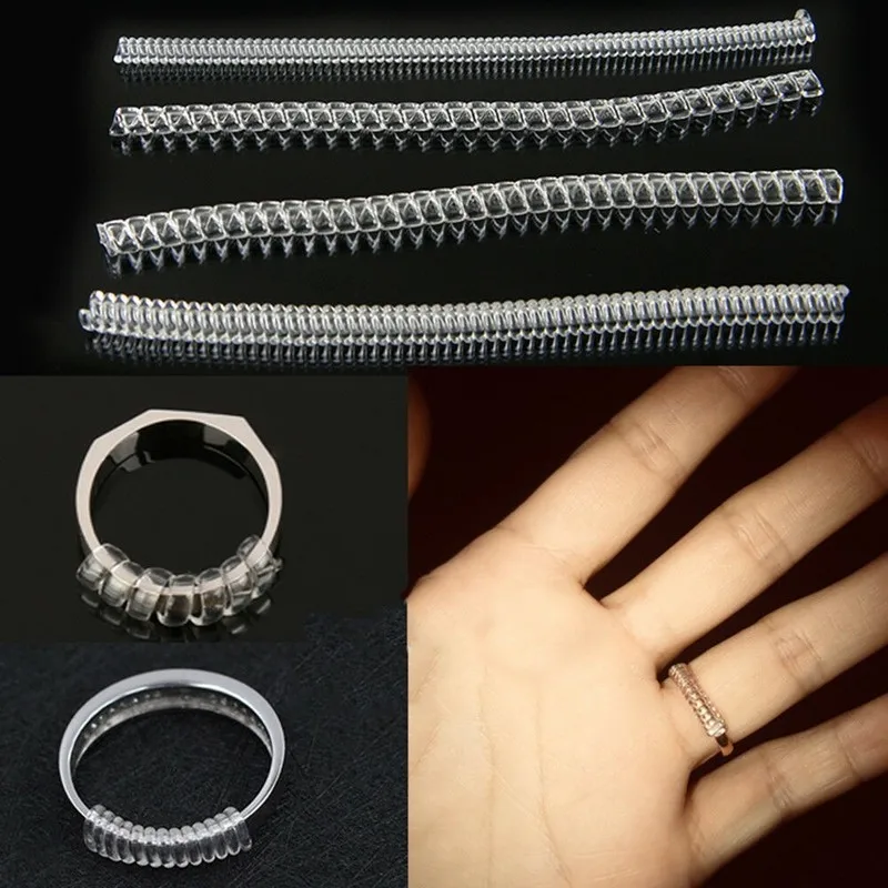 Ajusteur de taille de bague en spirale, 4 pièces, en plastique Transparent, élastique, invisible, adapté à tous les anneaux, outil de bijouterie