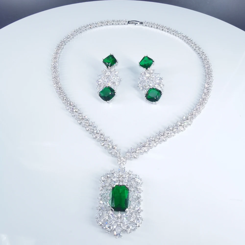 2024 New fashion vintage green CRYSTAL Square CZ zircon necklace earring set wedding bridel banquet dinner dressing jewelry set