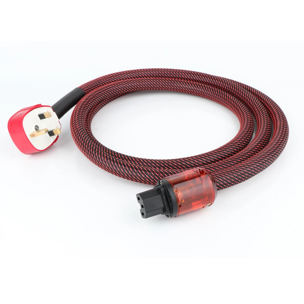 Kabel daya AC berlapis perak Hifi kualitas tinggi dengan colokan Inggris C-046 konektor IEC perempuan Schuko kabel daya garis warna merah