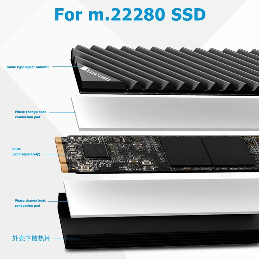 Jonsbo M2 2280 SSD Dissipatore di calore in alluminio M.2 SSD NVMe Dissipatore di calore con cuscinetto termico per unità NVMe Dissipador di