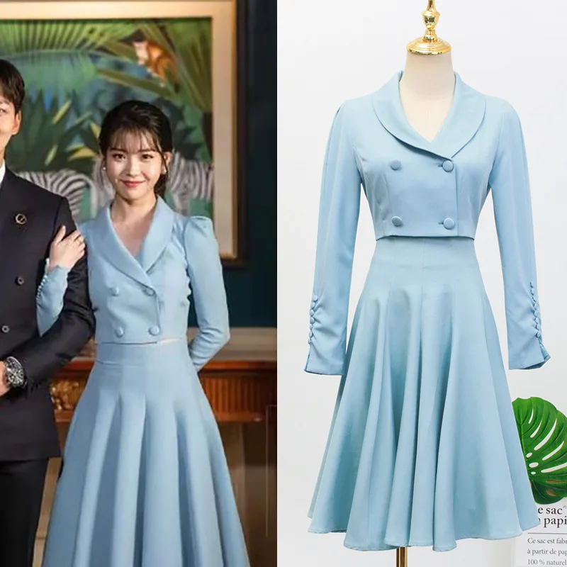 

kpop IU Lee Ji Eun party fashion blue slim short Cardigan jackets coat + elegant High waist knee-length skirts 2 piece set women