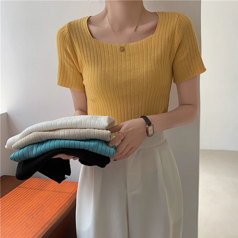 AOSSVIAO 2024 Korean Sweater Women Knitted Sweaters for Women Short Sleeve Basic White Sweater Summer Knit Pullover Sweaters