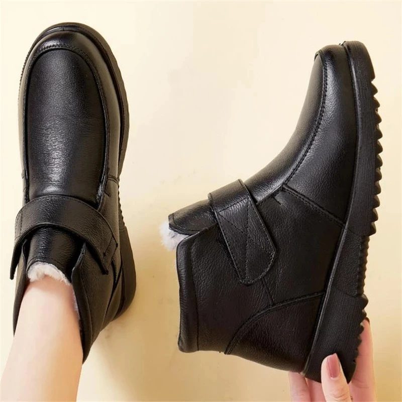 TIMETANG Women Genuine Leather Warm Mother Winter Boots Zipper Square Heel Ankle Boots Fashion Thick Fur Snow Boots Female