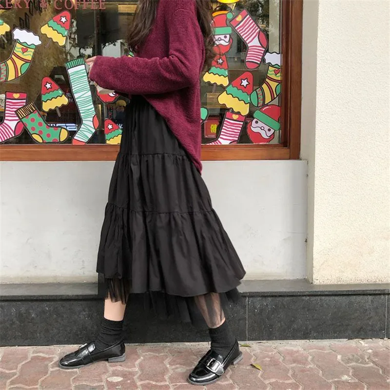 Długi tiul spódnice Midi kobiet 2022 jesień elastyczny, wysoki stan siatki Tutu plisowana spódnica kobiet czarny biały długi spódnica Streetwear — zdjęcie 5