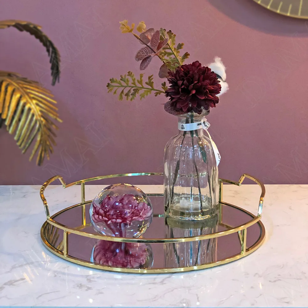 

Позолоченный металлический зеркальный лоток для хранения, роскошный круглый органайзер для сережек, журнального столика, поднос для ванной, тарелка для ювелирных украшений