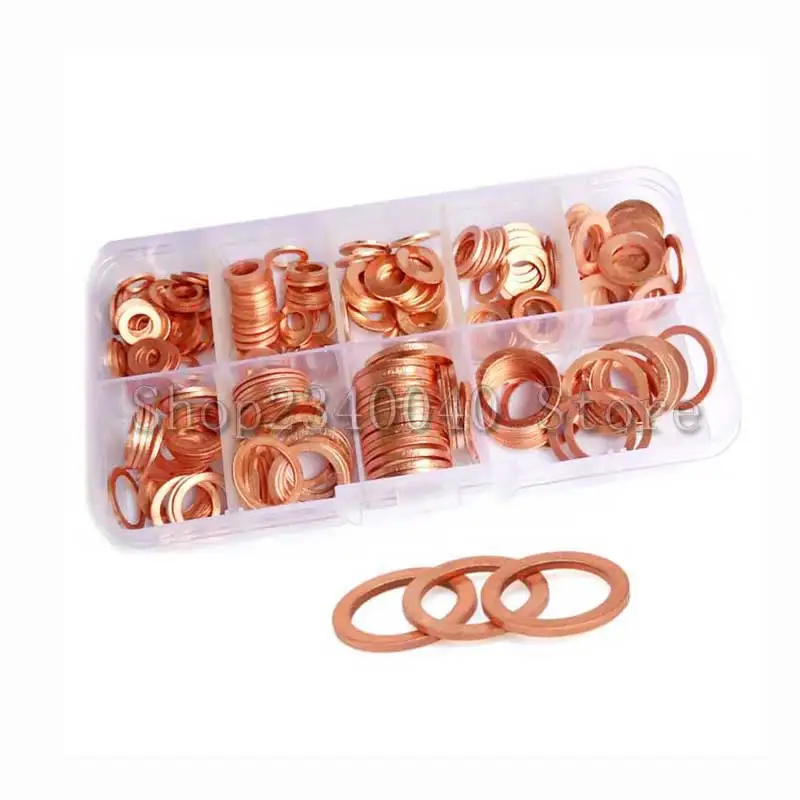 200Pcs/set Copper Washer M5 M6 M8 M10 M12 M14 Gasket Nut and Bolt Set Flat Ring Seal Assortment Kit for For Generators Machinery