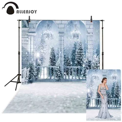 Allenjoy photography background winter wonderland Frozen castle balcony snow Christmas forest backdrop photocall photobooth