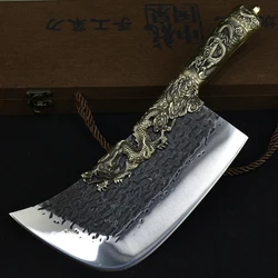 Longquan Knife Copper Dragon Decor 9 Inch Hand Forged Kitchen Hatchet Knife Chop Butcher Big Knife Bone Meat And Poultry Tools