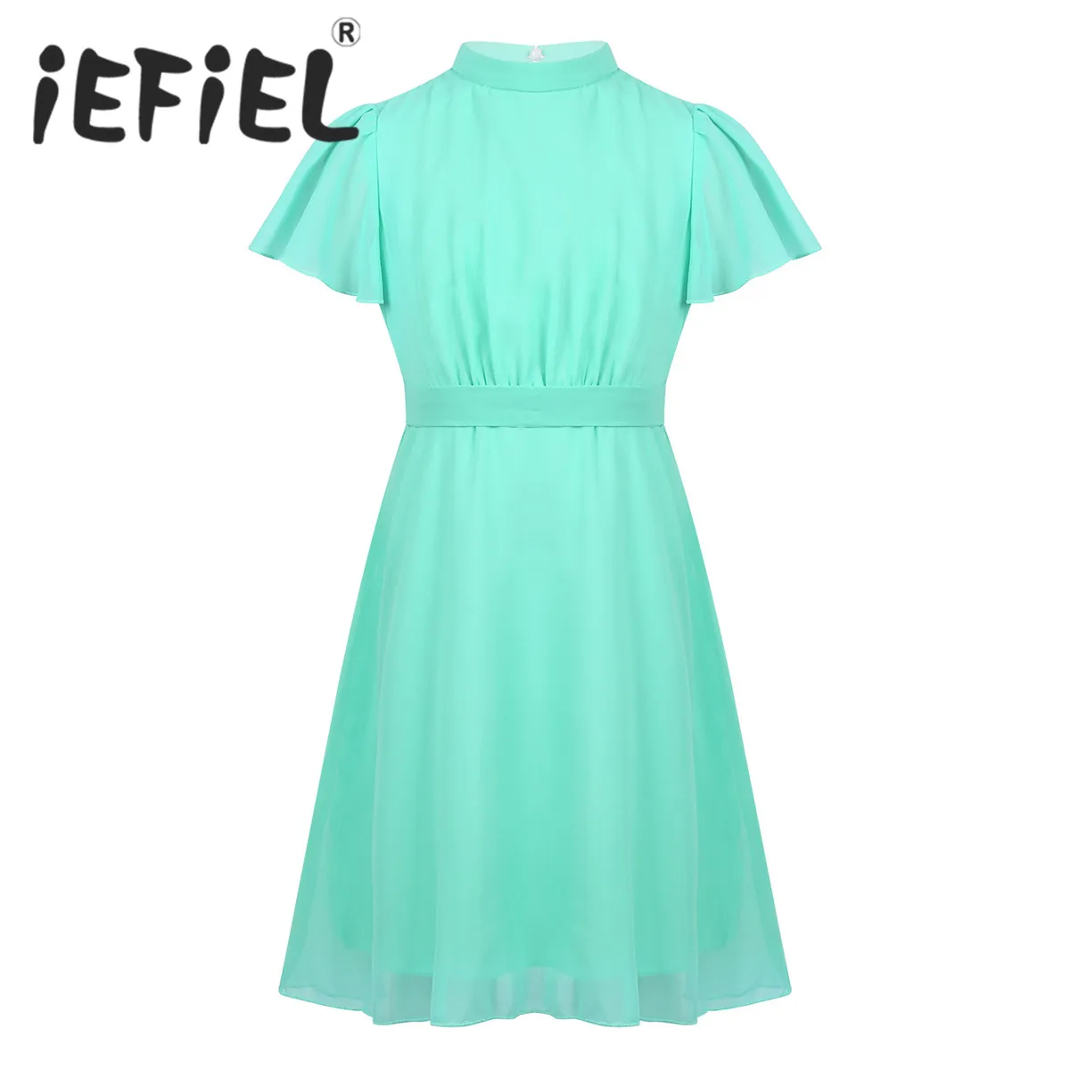 Kid Children Girls Flower Ruffled Short Sleeves See-Through Split Back A-line Chiffon Princess Dress for Party Summer Daily Wear