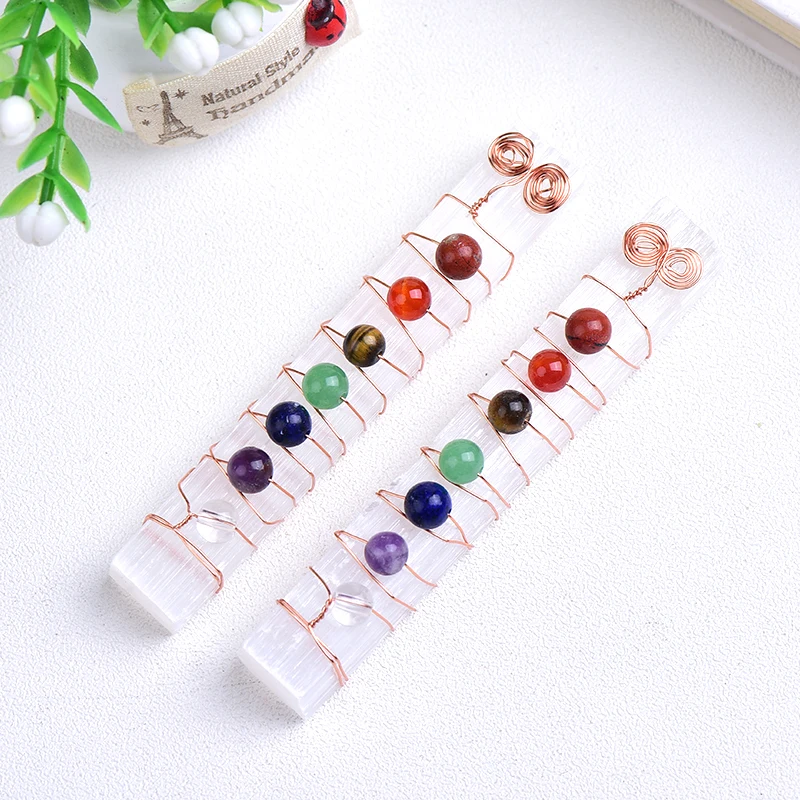 Natural Stones Selenite Stick Wand Seven Chakra Yoga Meditation Spiritual Reiki Beads Wire Wrapped Healing Stone Collection Gift