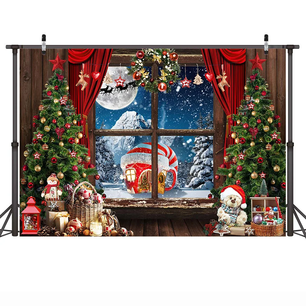 Winter Window Landscape Backdrop Photography Christmas Portrait Photo Background Snow Curtain Merry Christmas Party Decorations