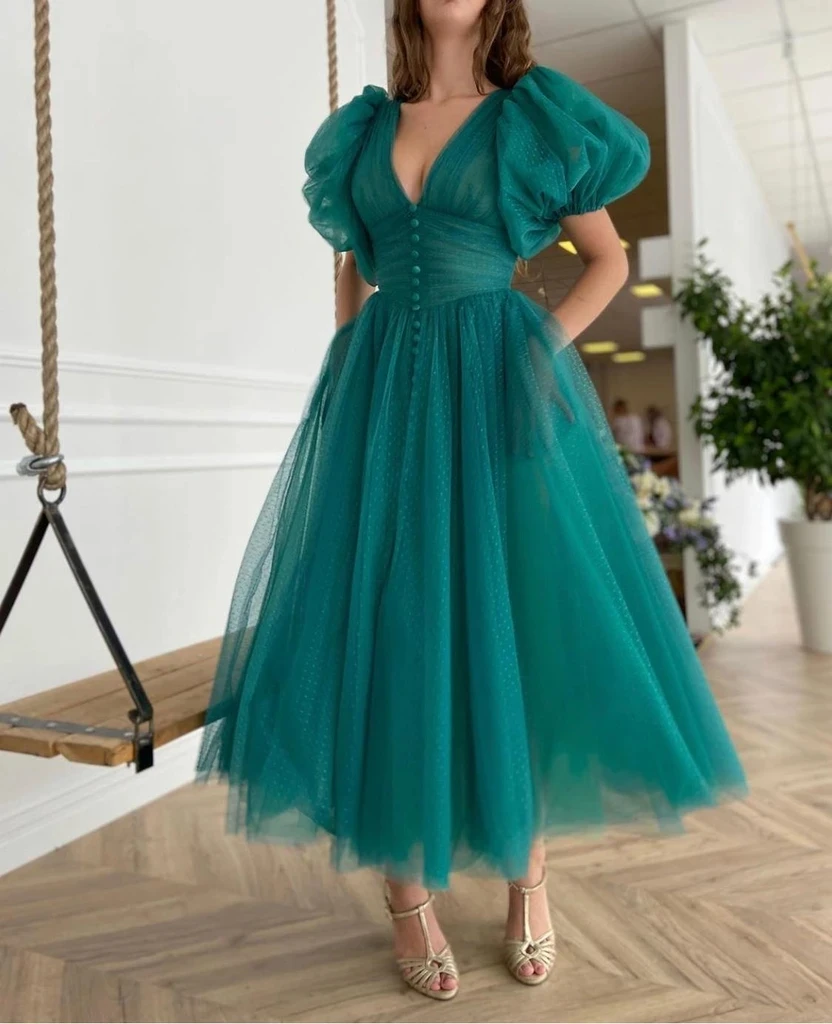 

Teal Blue Moroccan Prom Dresses A-line V-neck Short Sleeves Ankle Length Tulle Robe De Soiree Prom Gown Evening Dresses