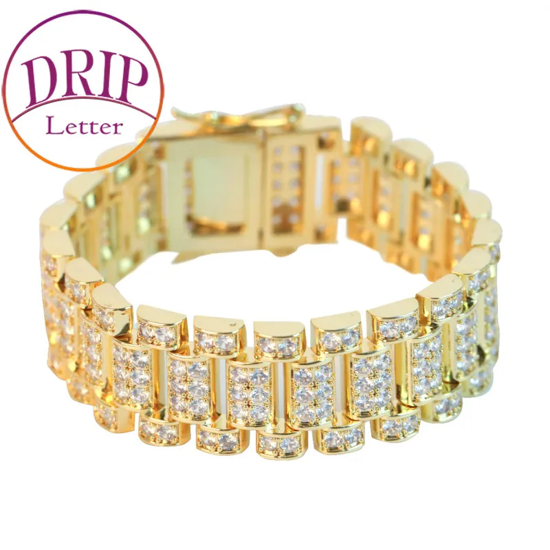 Drip Letter Bracelet for Men Watch Link Design Hip Hop Jewelry Real Gold Plated Rock Street Rapper Style