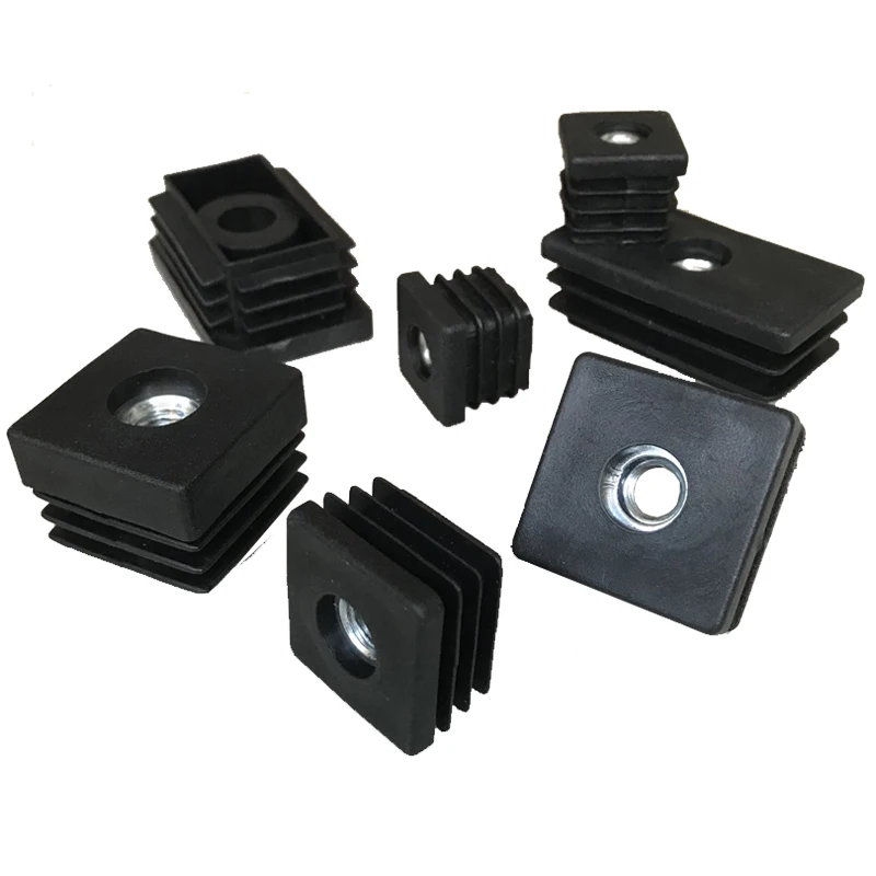 Square Black Plastic Blanking End Cap Caps Pipe Tube Inserts With M8 Metal Thread Table Adjustment Foot Pad