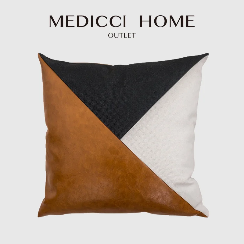 Medicci Home Color Block Cushion Cover Cognac Leather Cotton Splicing  Trendy Sofa Couch Modern Minimalist Pillow Case 45x45cm