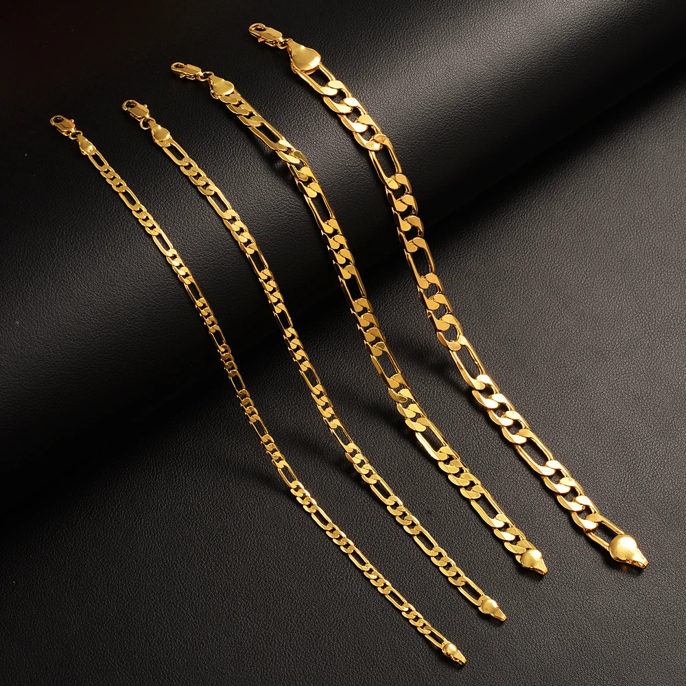 2023 NEW 18 K Pure Gold Color Figaro Bracelet Chain 9MM 21cm  chain for Men Male Arm Chain Pulseiras de Ouro