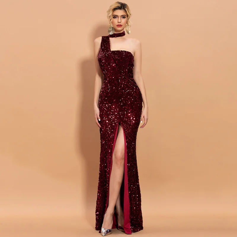 

Women New Sexy Sleeveless Halter Sequin Party Dress Women Backless Hign Split Maxi Dress Prom Gown Metal Party Wear