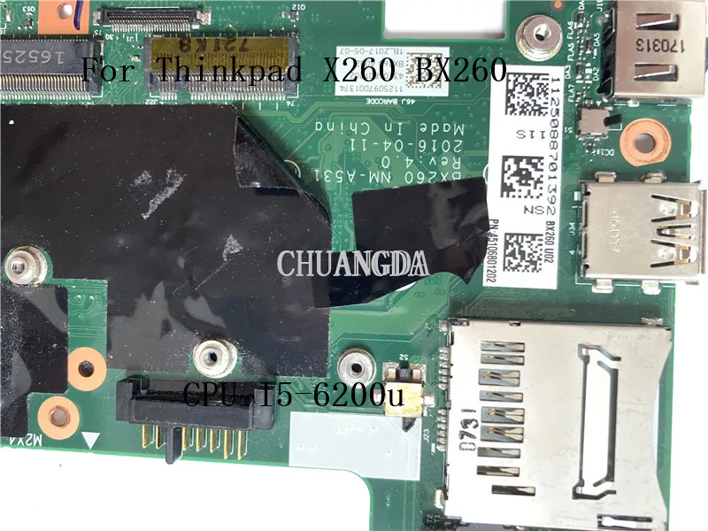 BX260 NM-A531 For Lenovo ThinkPad X260 Laptop Motherboard With i5-6300 CPU   01HX207