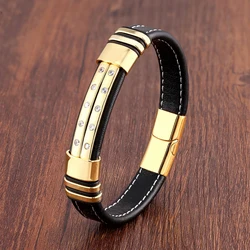 Luxury,Pave Setting CZ Bracelet,Black,Leather Rope Chain,Stainless Steel Men Bracelets,Fashion Male Magnetic Jewelry Gifts