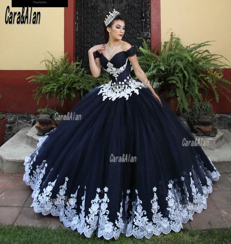 Vestidos De quinceañera negros con apliques blancos, Charro De encaje con cuentas, 15 Años, hombros descubiertos, dulces 16 Vestidos