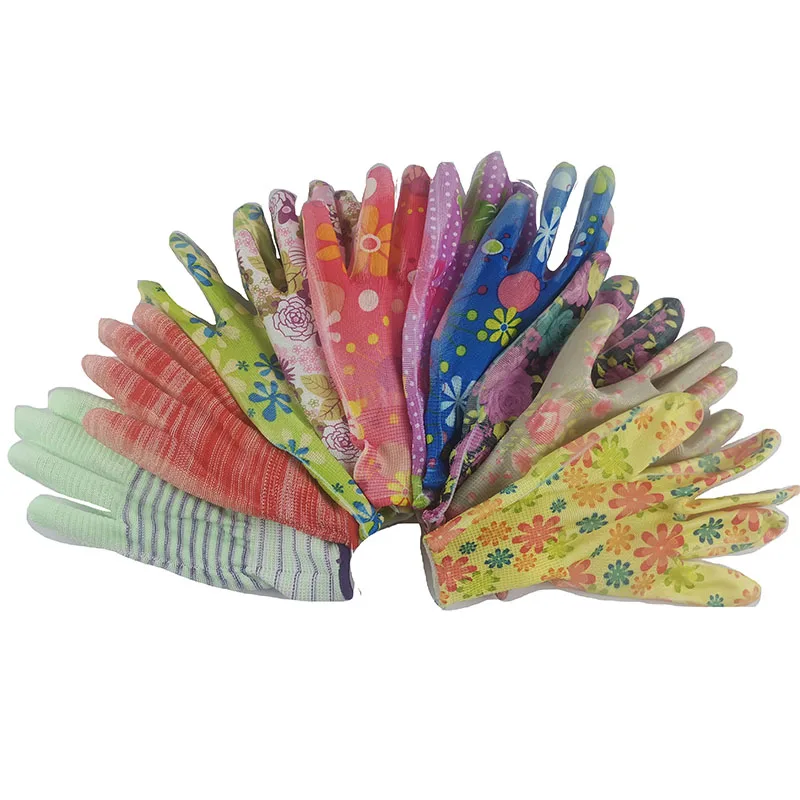 Women Gloves Non-Slip Housework Cleaning Breathable Gardening Flower Printed  PU  Palm Coated Household Full Finger