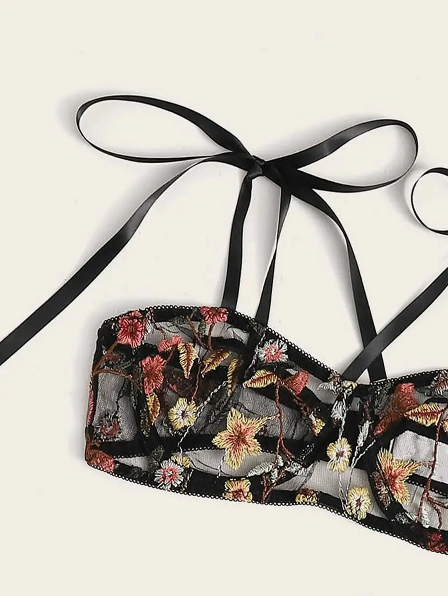 Floral Embroidery Bra & Side Tie Thong Summer black cosplay lace female fun three-point perspective bag pajamas